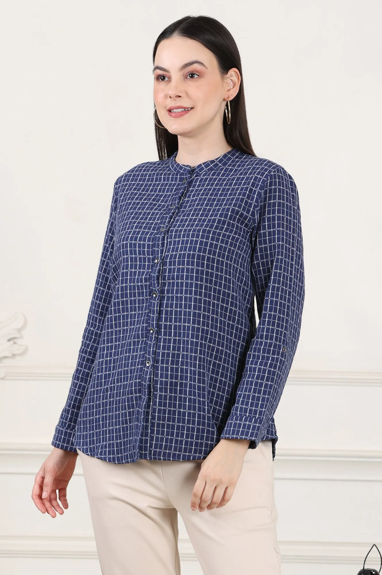 Blue Check Printed Pure Cotton Western Top