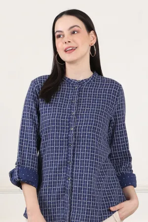 Blue Check Printed Pure Cotton Western Top