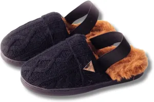 Cable Sweater Slippers, Slingback, Warm Cozy And Stylish, Breathable, Cable Pattern Ivory And Black Colors, Strong Strap And Durable Soles, Toddler To Teens.