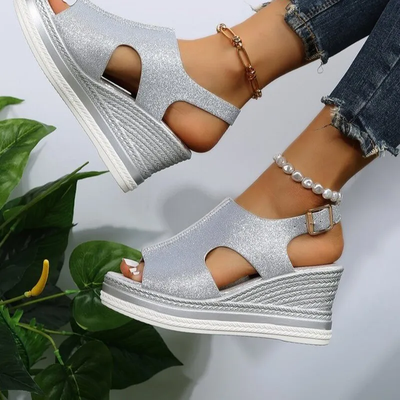 Cut Out Glitter Casual Wedges
