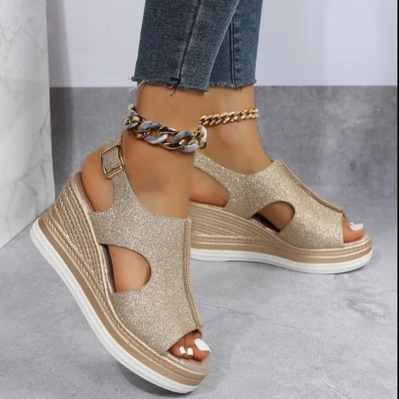 Cut Out Glitter Casual Wedges
