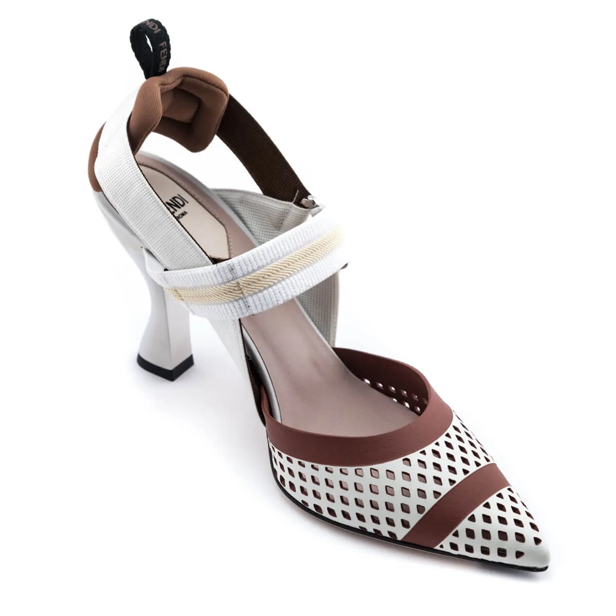 Fendi White & Brown Lasercut Colibri Slingback Pumps Size US 8 | EU 38