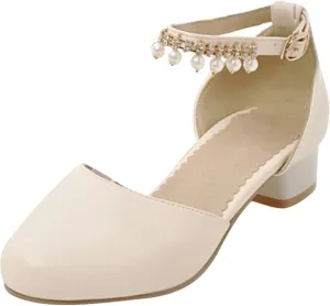 Flower Girls Dress Shoes Kids Closed Toe Chunky High Heels Mary Jane Ankle Strap Wedding Party Princess Shoes