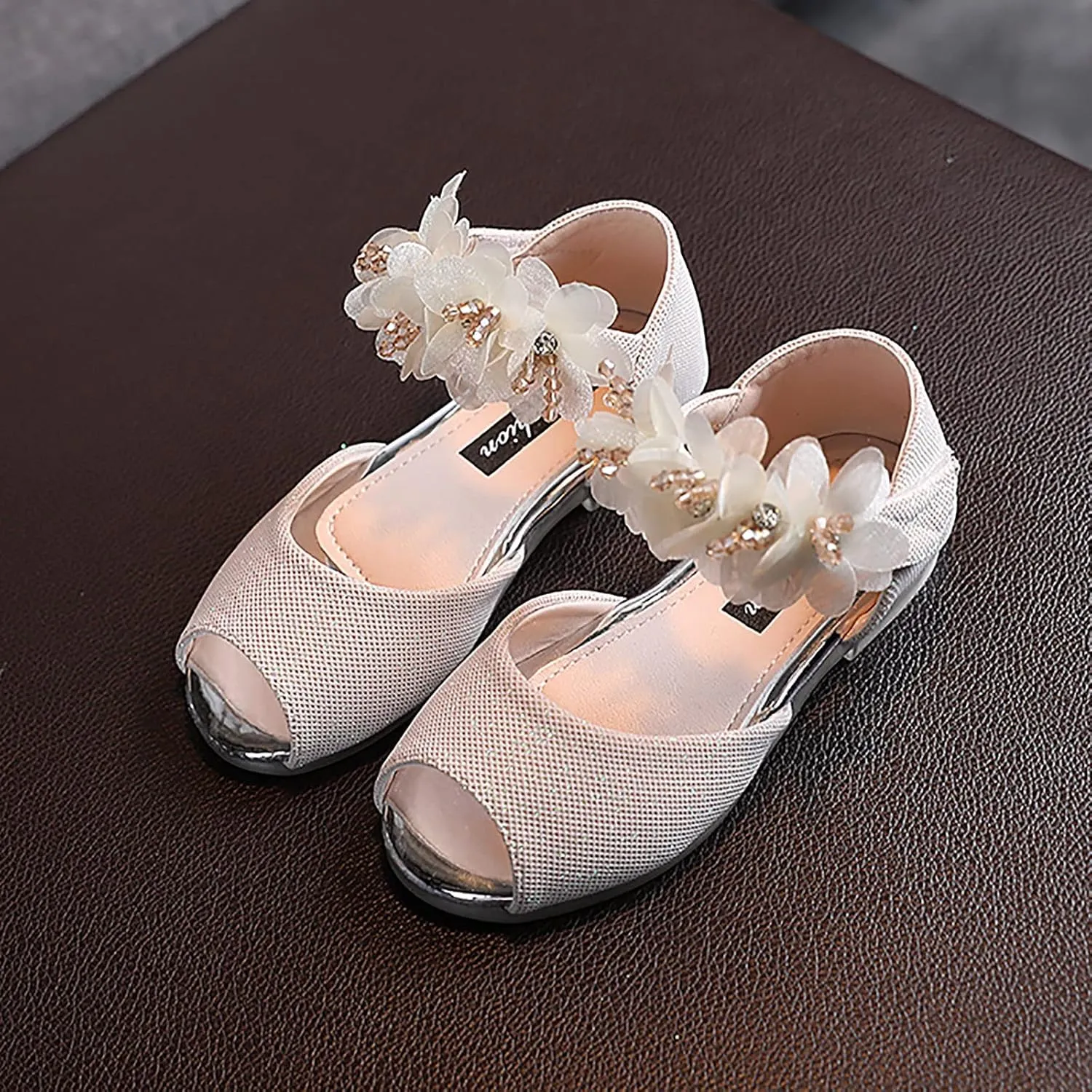 Flower Girls Dress Shoes Open Toe 1 to 7 Years Mary Jane Flats Party Wedding Ballet Dance Shoes with Flower Strap