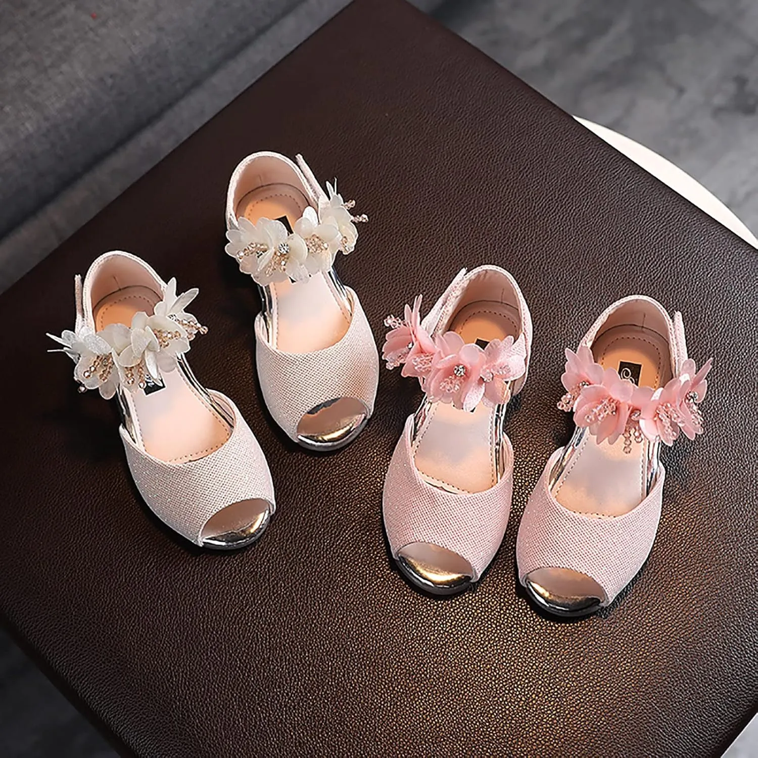 Flower Girls Dress Shoes Open Toe 1 to 7 Years Mary Jane Flats Party Wedding Ballet Dance Shoes with Flower Strap