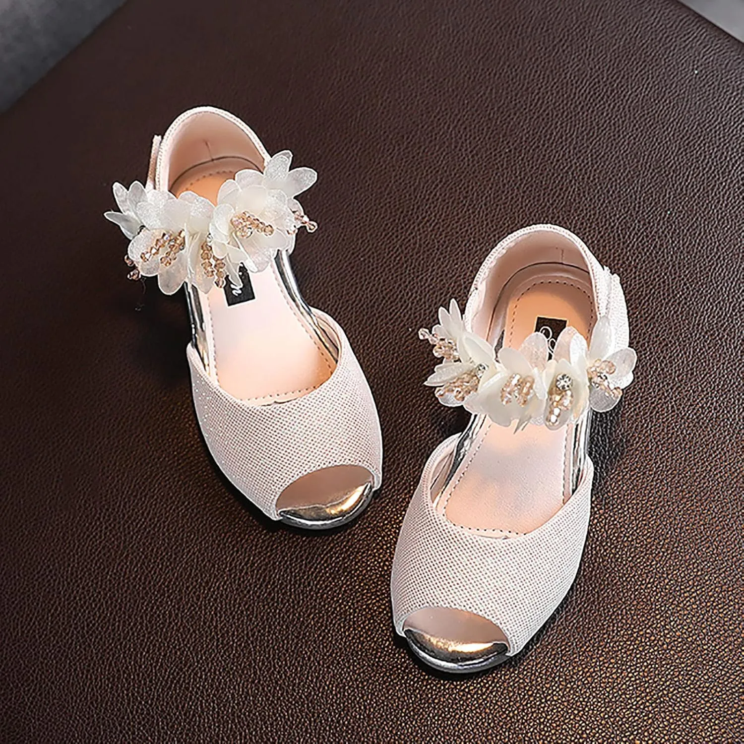 Flower Girls Dress Shoes Open Toe 1 to 7 Years Mary Jane Flats Party Wedding Ballet Dance Shoes with Flower Strap