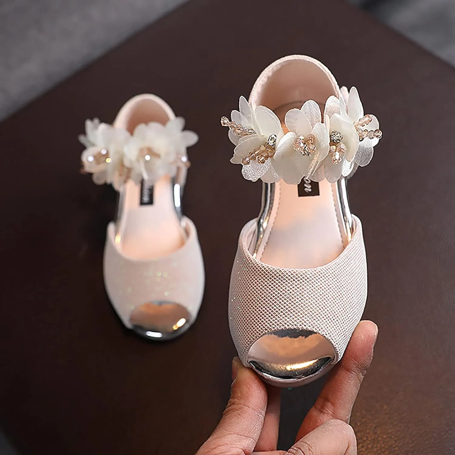 Flower Girls Dress Shoes Open Toe 1 to 7 Years Mary Jane Flats Party Wedding Ballet Dance Shoes with Flower Strap