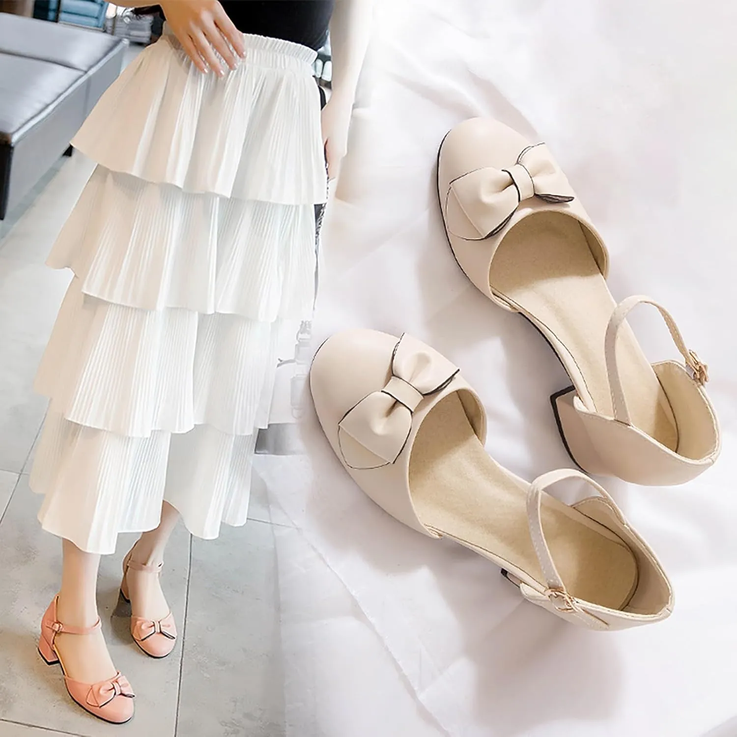 Girls Bow Mary Jane Pumps Ankle Strap Low Heel Dress Sandals Closed Toe Ballet Jelly Sandals for Toddler Girls
