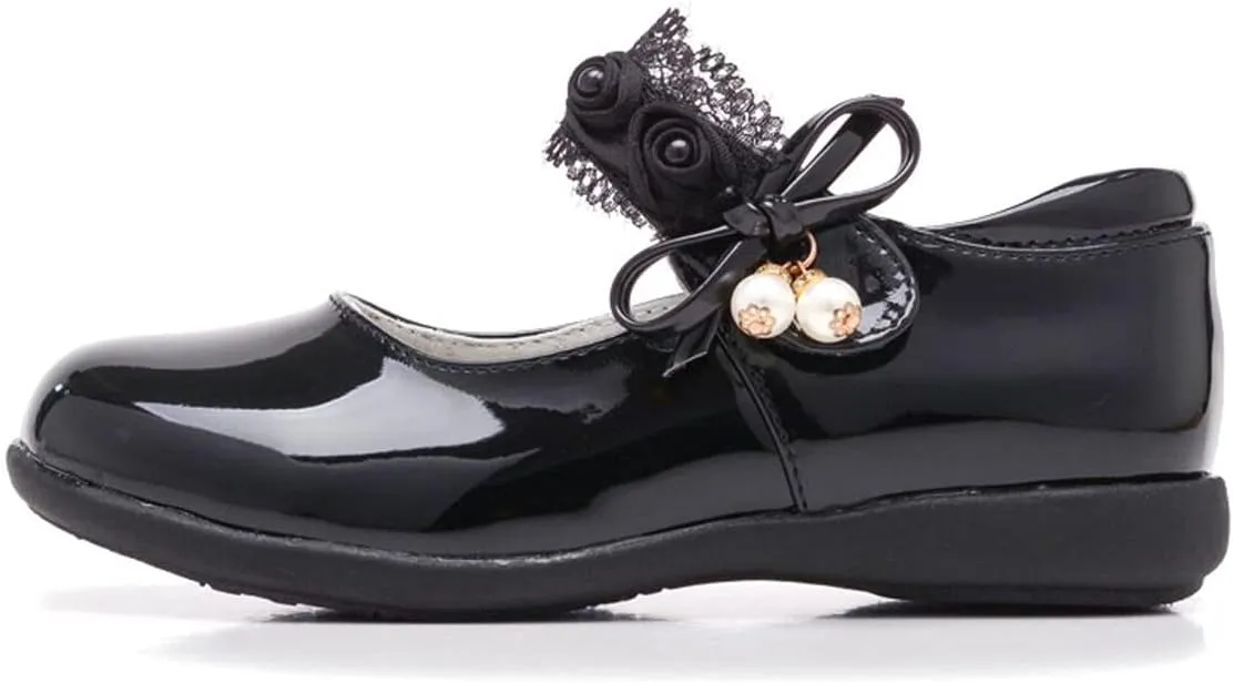 Girl's Casual Mary Jane Ballerina Flats Black School Uniform Oxfords Pearl Strap Dress Shoes