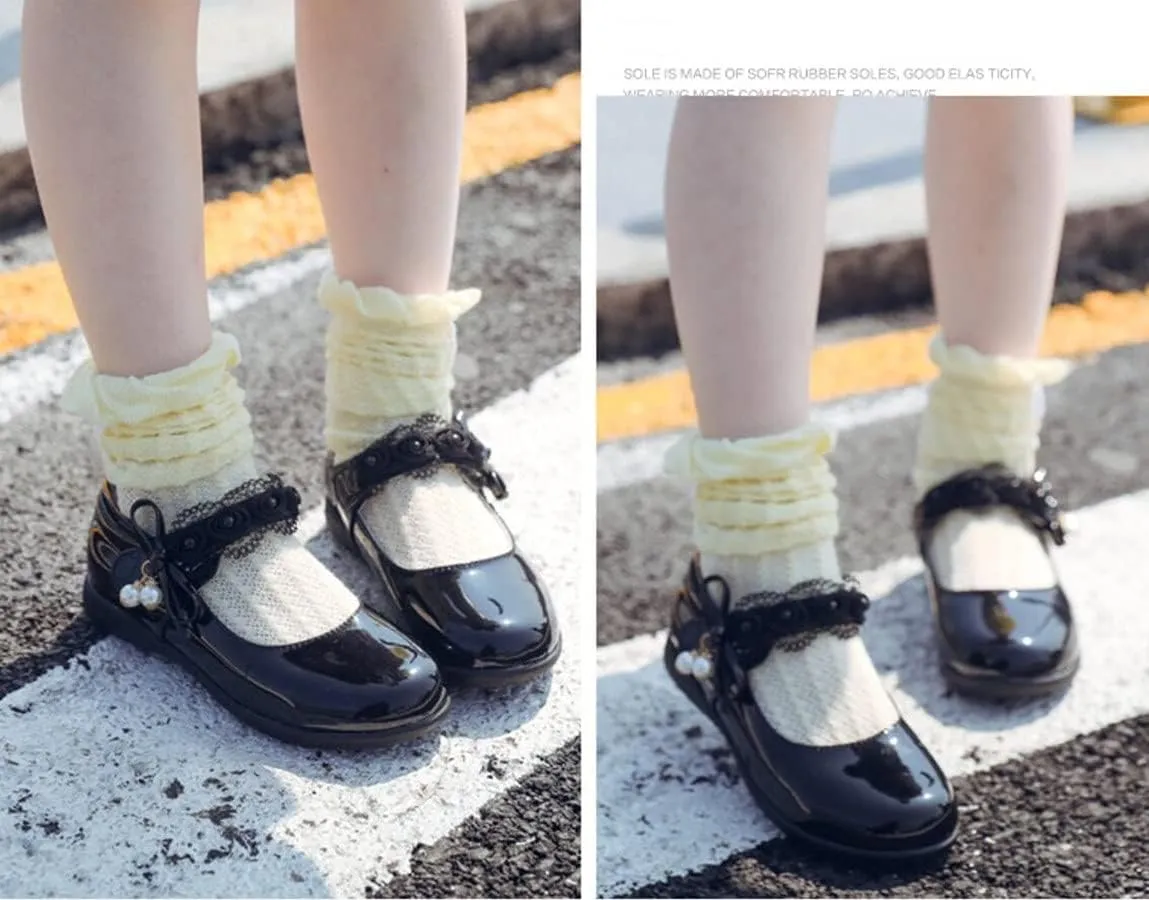 Girl's Casual Mary Jane Ballerina Flats Black School Uniform Oxfords Pearl Strap Dress Shoes