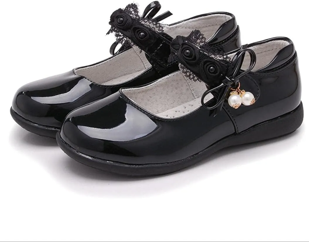Girl's Casual Mary Jane Ballerina Flats Black School Uniform Oxfords Pearl Strap Dress Shoes