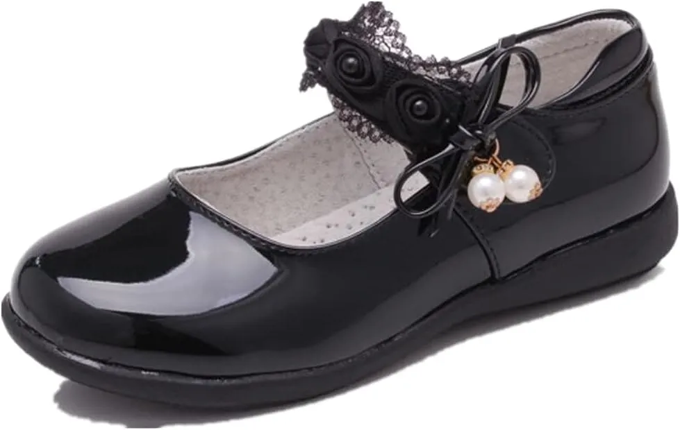 Girl's Casual Mary Jane Ballerina Flats Black School Uniform Oxfords Pearl Strap Dress Shoes