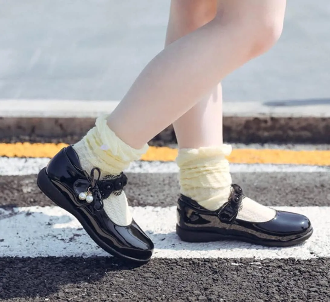 Girl's Casual Mary Jane Ballerina Flats Black School Uniform Oxfords Pearl Strap Dress Shoes