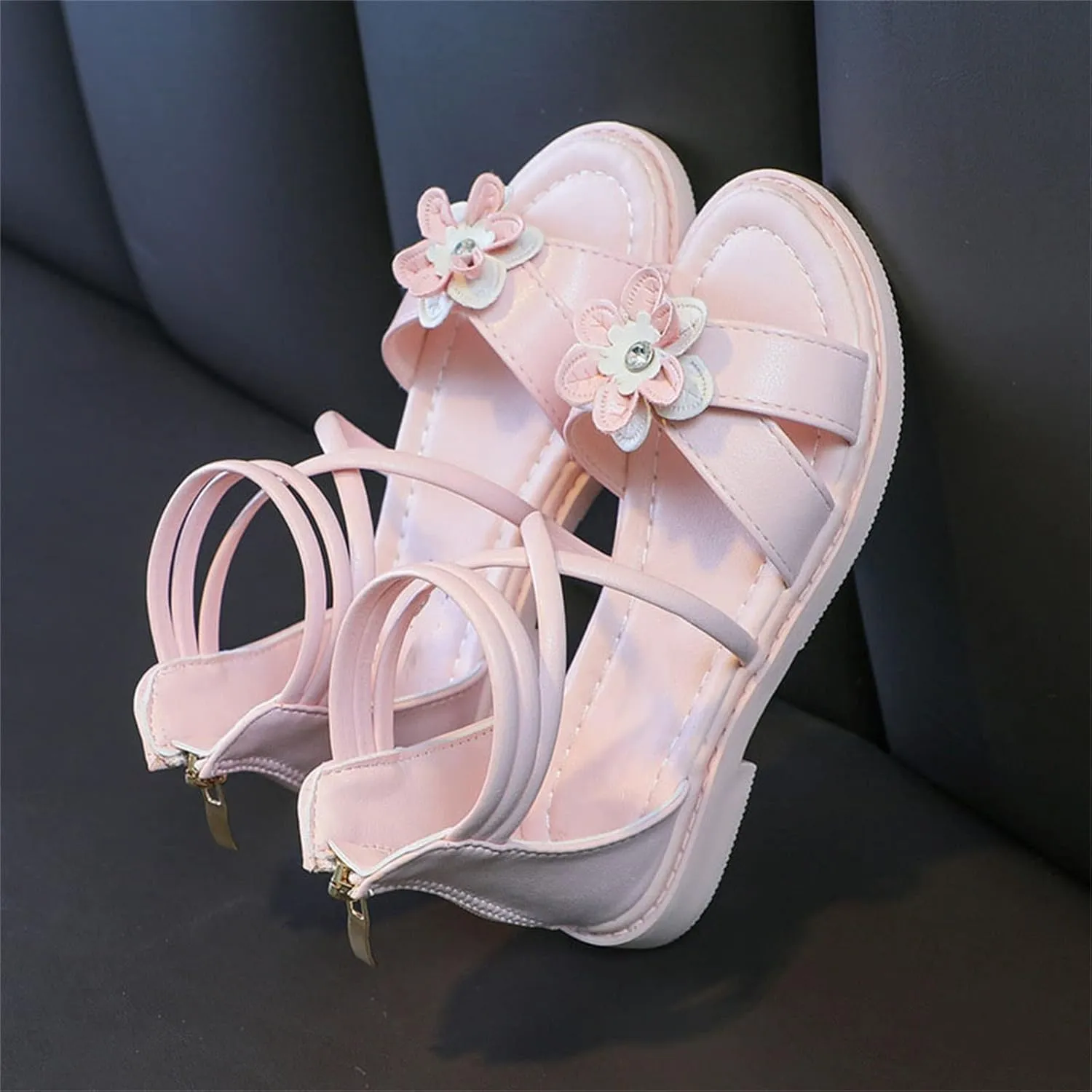 Girls Floral Roman Sandals Kids Open Toe Ankle Strap Flat Sandals with Heel Zipper Birthday Party Holiday Shoes