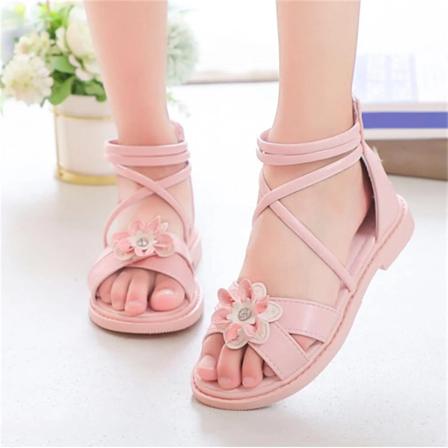 Girls Floral Roman Sandals Kids Open Toe Ankle Strap Flat Sandals with Heel Zipper Birthday Party Holiday Shoes