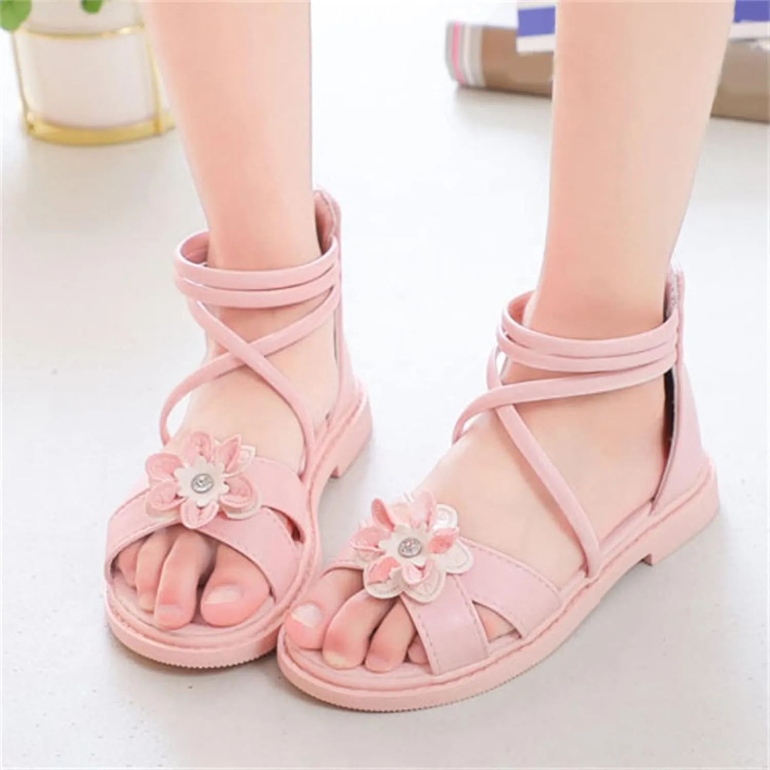 Girls Floral Roman Sandals Kids Open Toe Ankle Strap Flat Sandals with Heel Zipper Birthday Party Holiday Shoes