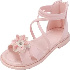Girls Floral Roman Sandals Kids Open Toe Ankle Strap Flat Sandals with Heel Zipper Birthday Party Holiday Shoes