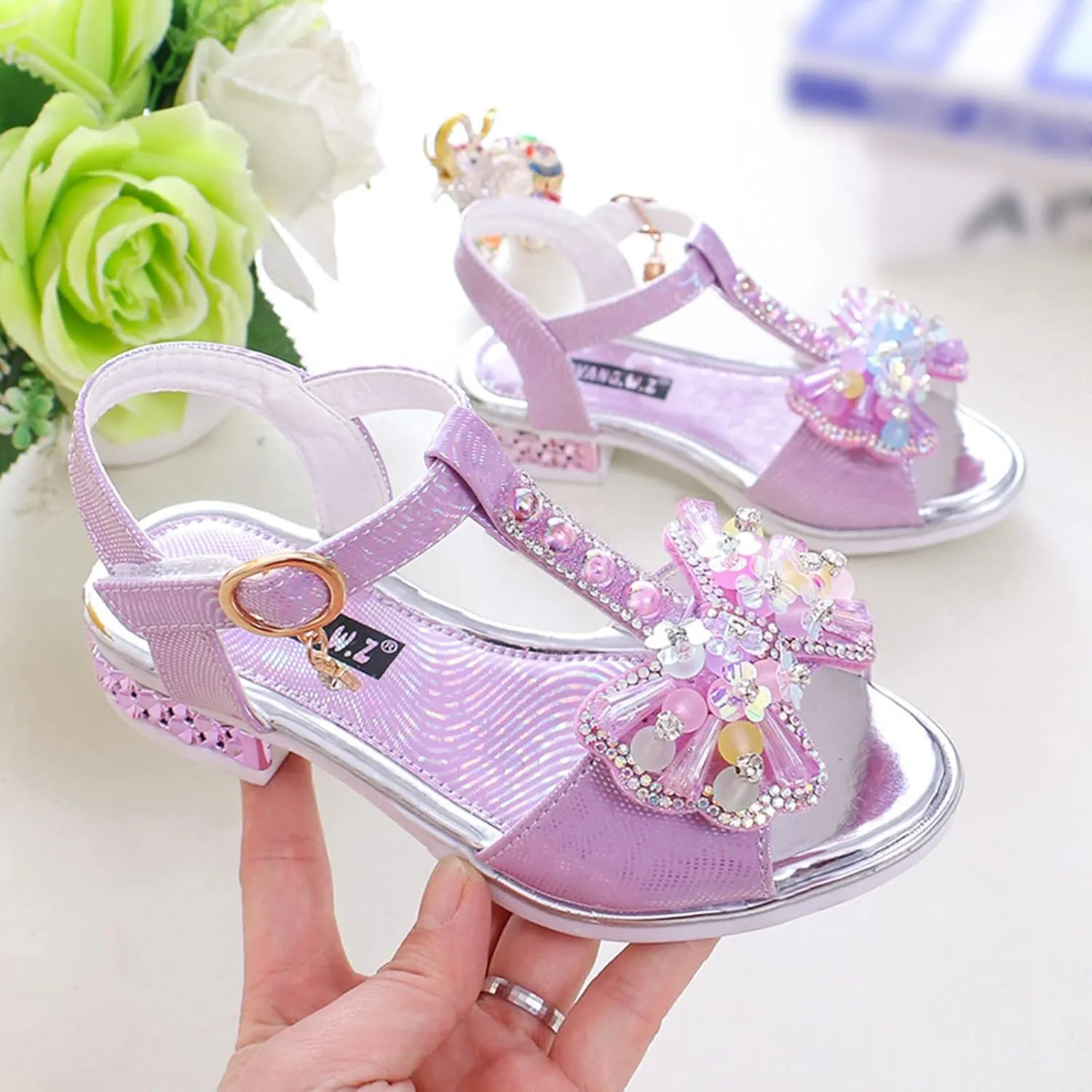 Girls Glitter Rhinestone Sandals Open Toe T-Strap Low-Heel Party Shoes Sequins Heel Sandals for Kids Toddler