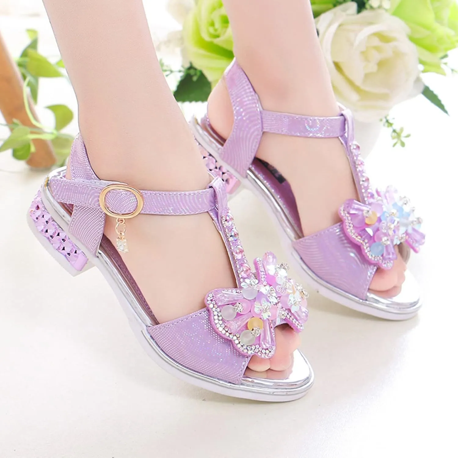 Girls Glitter Rhinestone Sandals Open Toe T-Strap Low-Heel Party Shoes Sequins Heel Sandals for Kids Toddler
