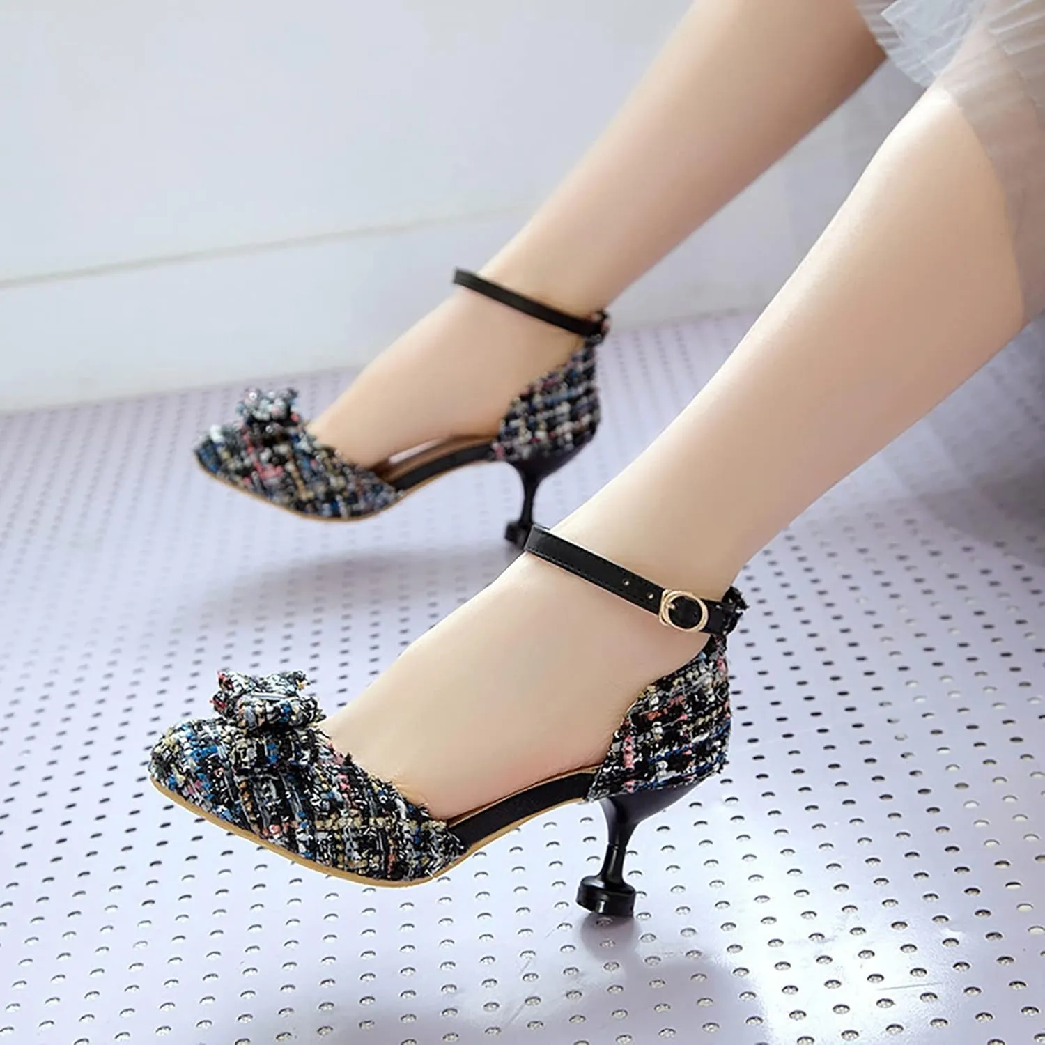 Girl's Kawaii Mary Jane Shoes Cute Chunky High Heel Vintage Pumps with Bow Pointed Toe Sandals Dress Kid Sandal
