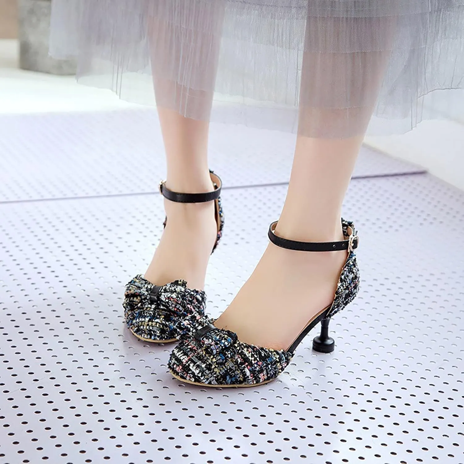 Girl's Kawaii Mary Jane Shoes Cute Chunky High Heel Vintage Pumps with Bow Pointed Toe Sandals Dress Kid Sandal