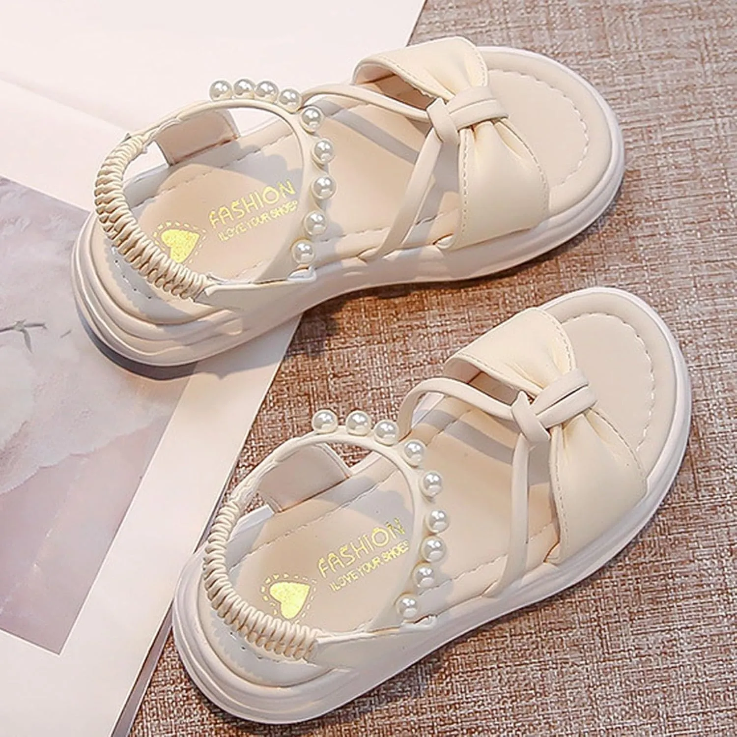 Girls Kids Pearl Elastic Strap Soft Sole Sandals Open Toe Non Slip Bow Dress Shoes Toddler Cute Birthday Footwear