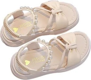 Girls Kids Pearl Elastic Strap Soft Sole Sandals Open Toe Non Slip Bow Dress Shoes Toddler Cute Birthday Footwear