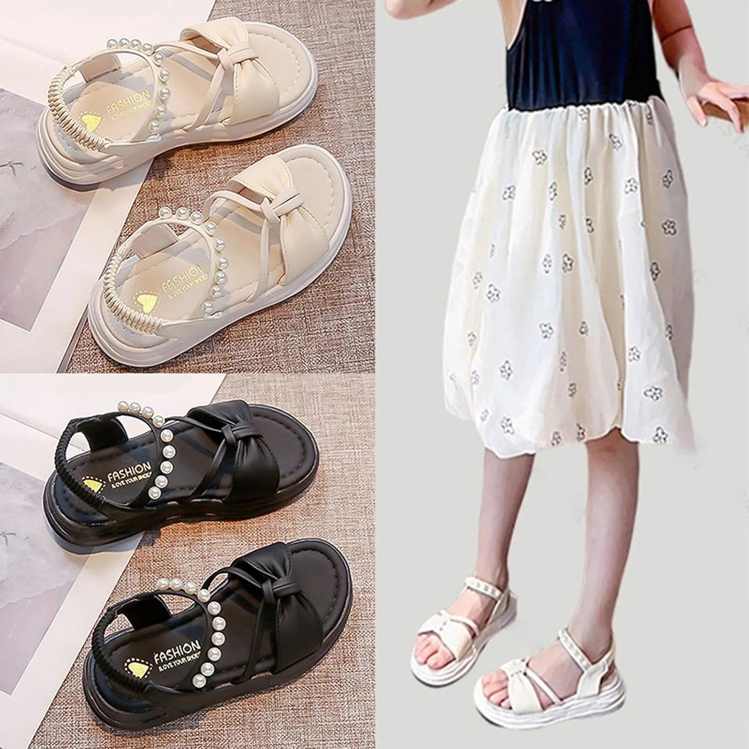 Girls Kids Pearl Elastic Strap Soft Sole Sandals Open Toe Non Slip Bow Dress Shoes Toddler Cute Birthday Footwear