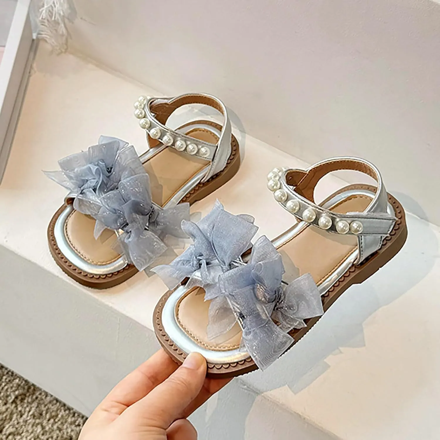 Girls Mesh Pearl Flat Sandals Open Toe Pearl Strap Bridesmaid Party Dress Shoes Kids Toddler Cute Formal Shoes
