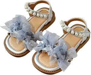 Girls Mesh Pearl Flat Sandals Open Toe Pearl Strap Bridesmaid Party Dress Shoes Kids Toddler Cute Formal Shoes