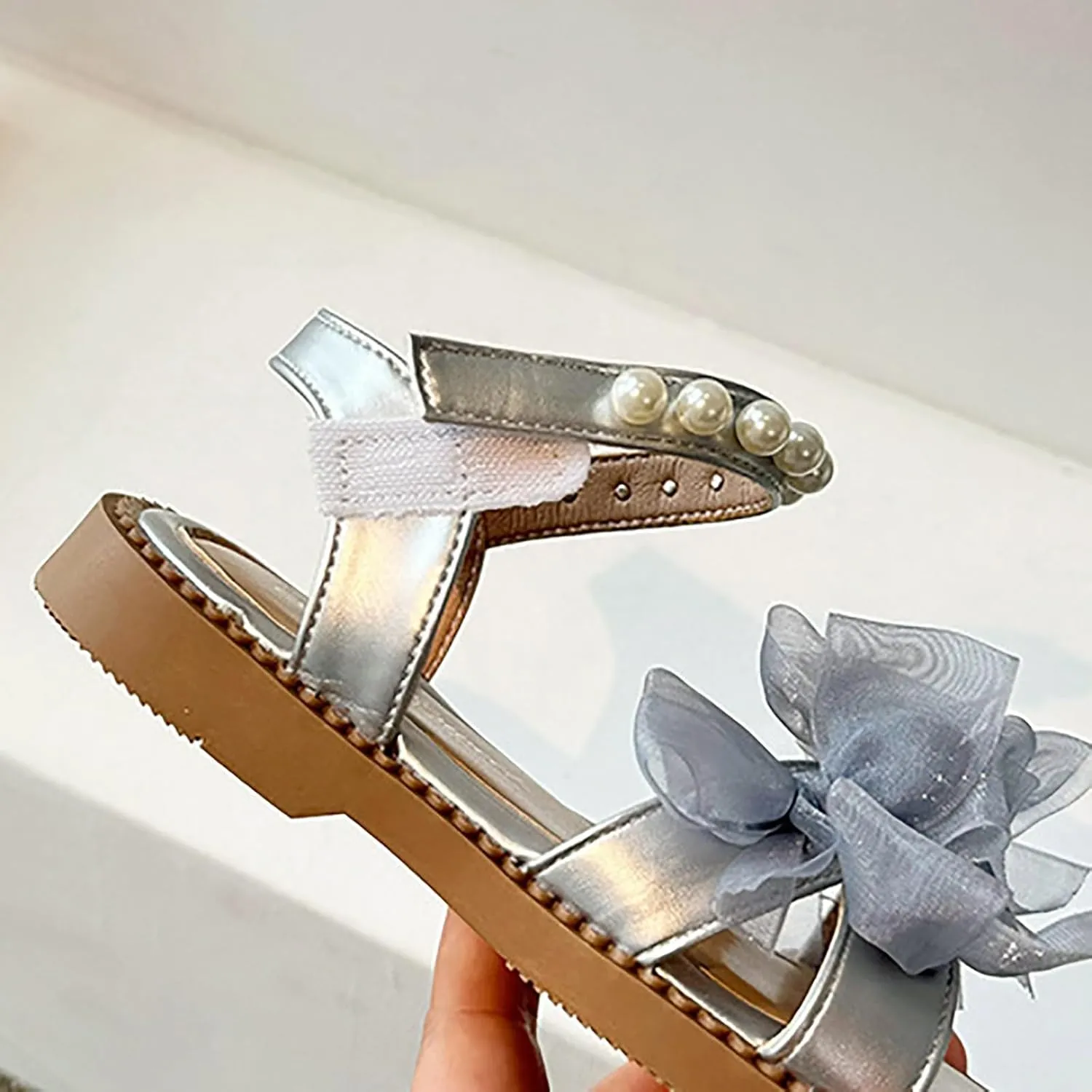 Girls Mesh Pearl Flat Sandals Open Toe Pearl Strap Bridesmaid Party Dress Shoes Kids Toddler Cute Formal Shoes