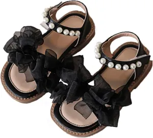 Girls Mesh Pearl Flat Sandals Open Toe Pearl Strap Bridesmaid Party Dress Shoes Kids Toddler Cute Formal Shoes