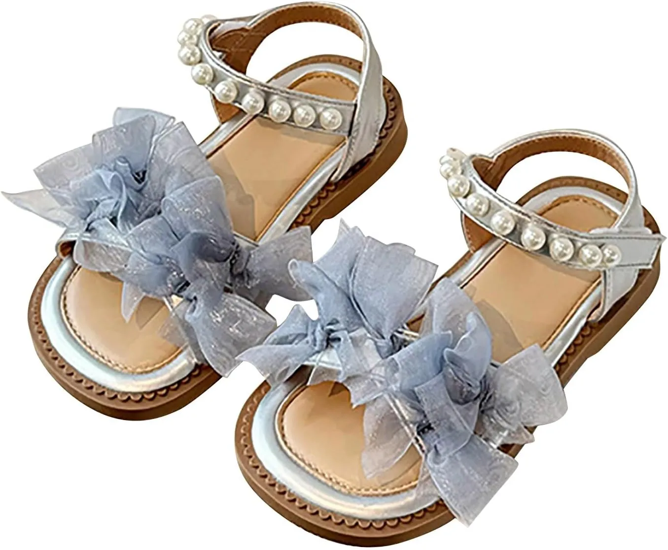 Girls Mesh Pearl Flat Sandals Open Toe Pearl Strap Bridesmaid Party Dress Shoes Kids Toddler Cute Formal Shoes
