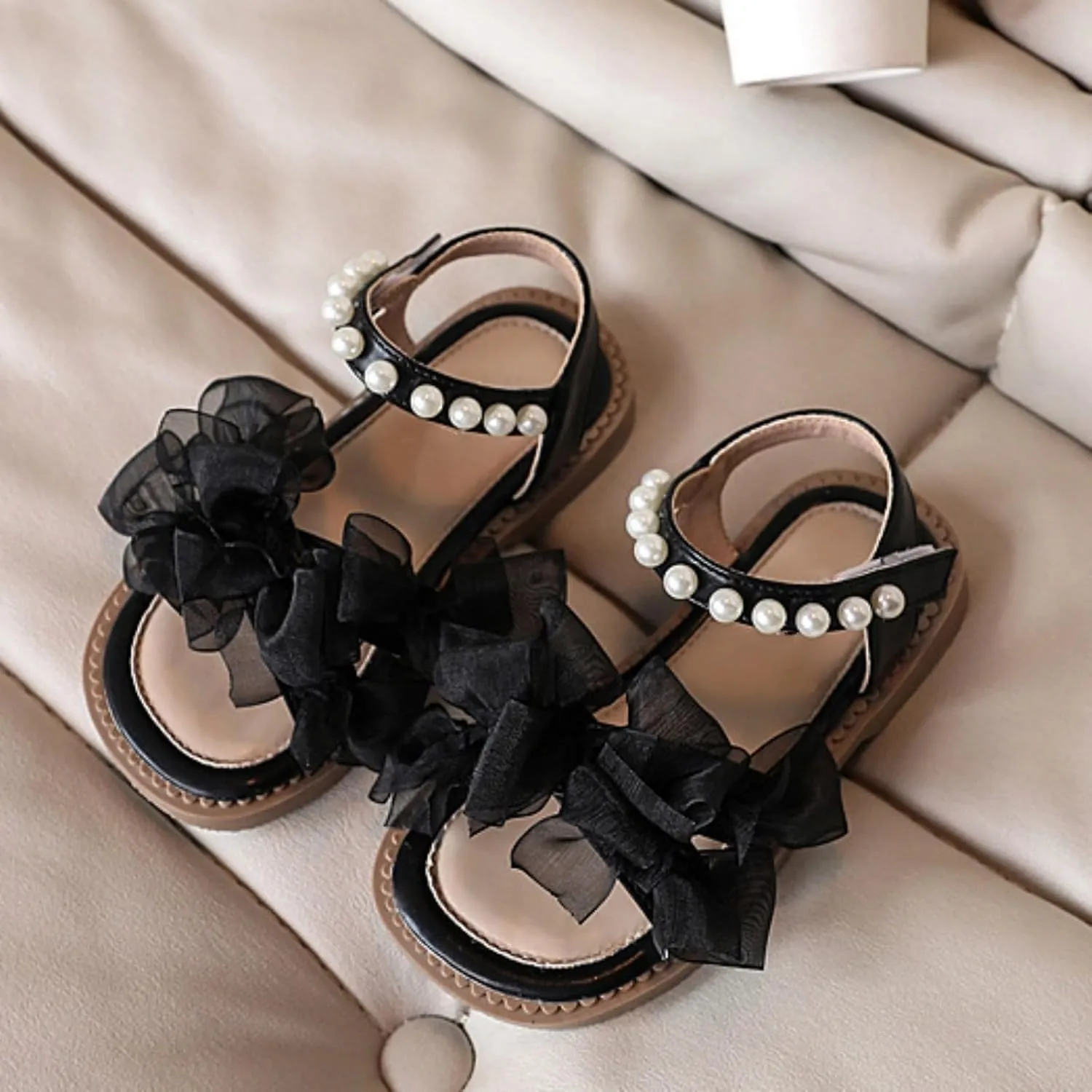 Girls Mesh Pearl Flat Sandals Open Toe Pearl Strap Bridesmaid Party Dress Shoes Kids Toddler Cute Formal Shoes
