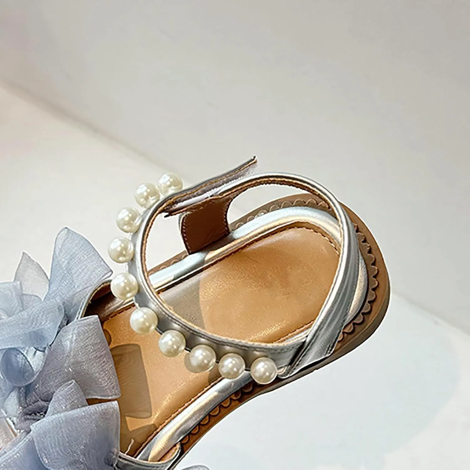 Girls Mesh Pearl Flat Sandals Open Toe Pearl Strap Bridesmaid Party Dress Shoes Kids Toddler Cute Formal Shoes