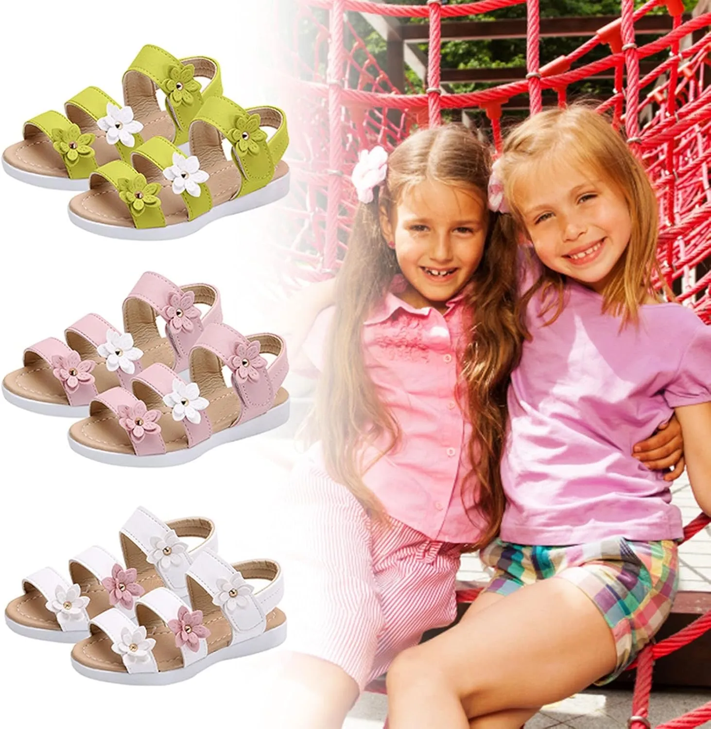 Girls Open Toe Flowers Sandals Summer Cute Beach Play Flat Shoes for Kids Soft Sole Wedding Party Prom Shoes