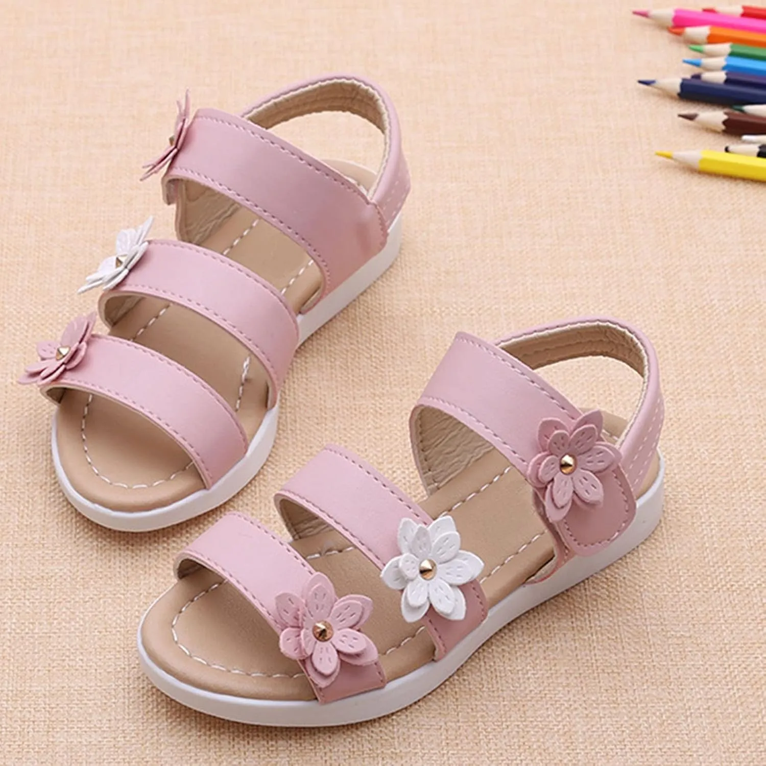 Girls Open Toe Flowers Sandals Summer Cute Beach Play Flat Shoes for Kids Soft Sole Wedding Party Prom Shoes