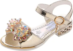 Girls Rhinestone Bowknot Sandals Kids Glitter Sweet Low Heel Open Toe Ankle Buckle Wedding Heels with Buckles
