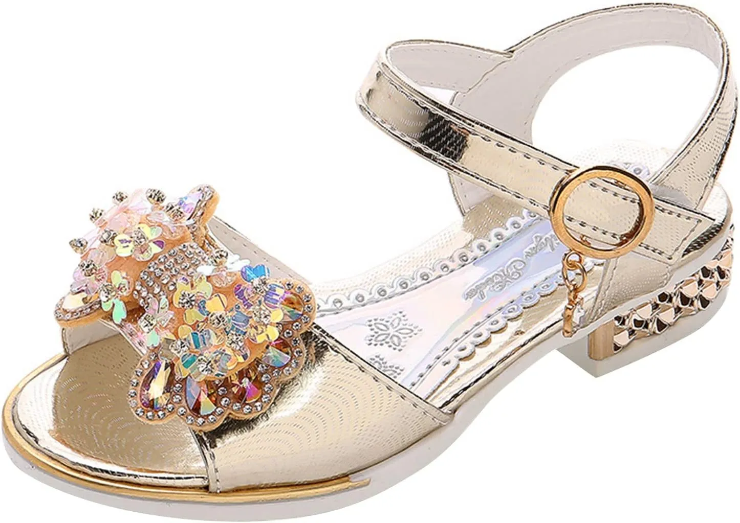 Girls Rhinestone Bowknot Sandals Kids Glitter Sweet Low Heel Open Toe Ankle Buckle Wedding Heels with Buckles