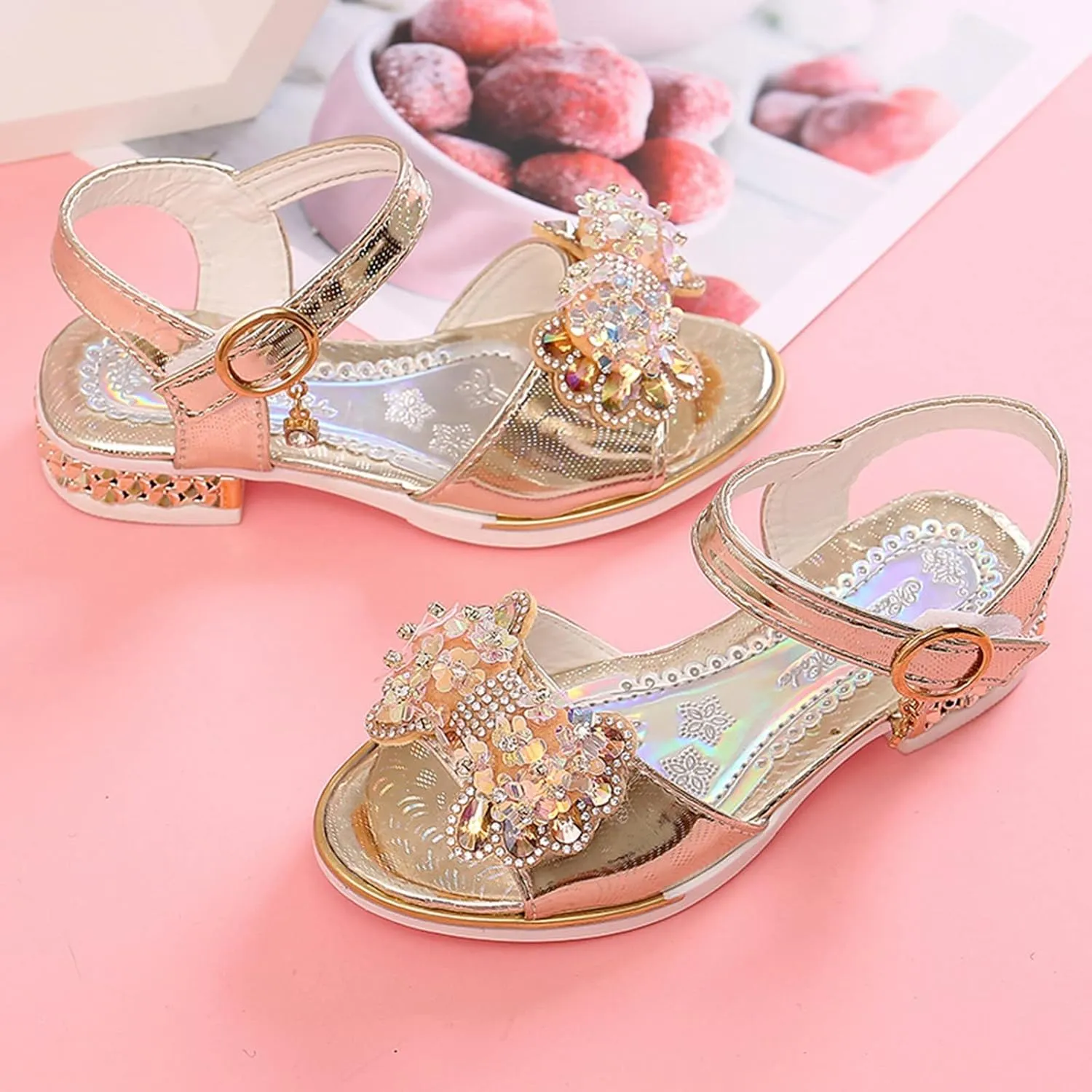 Girls Rhinestone Bowknot Sandals Kids Glitter Sweet Low Heel Open Toe Ankle Buckle Wedding Heels with Buckles