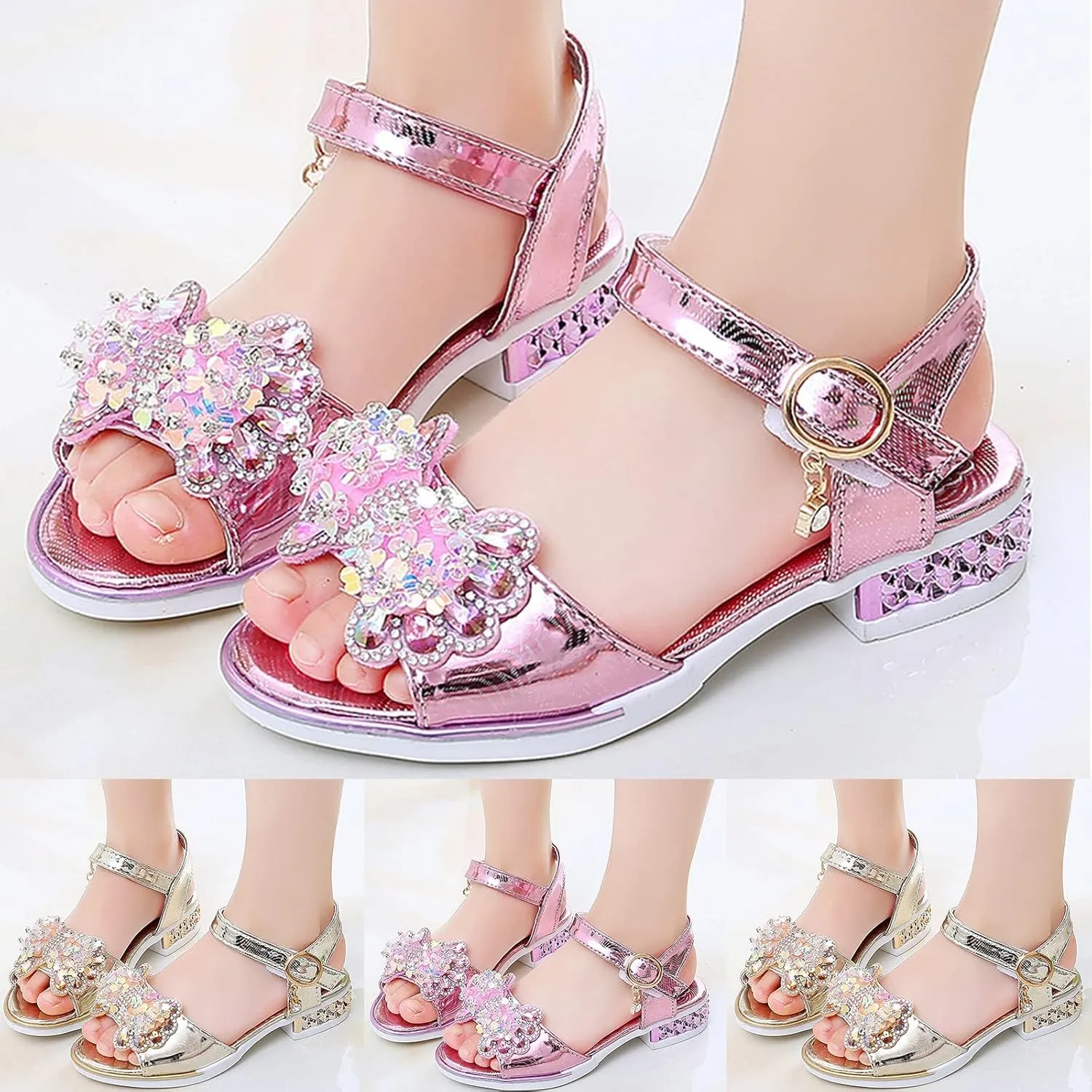Girls Rhinestone Bowknot Sandals Kids Glitter Sweet Low Heel Open Toe Ankle Buckle Wedding Heels with Buckles