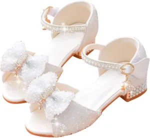 Girls Sandals Glitter Bow Dress Shoes Princess High Heels Sequins Party Wedding Flower Girls Shoes for Kids Toddlers