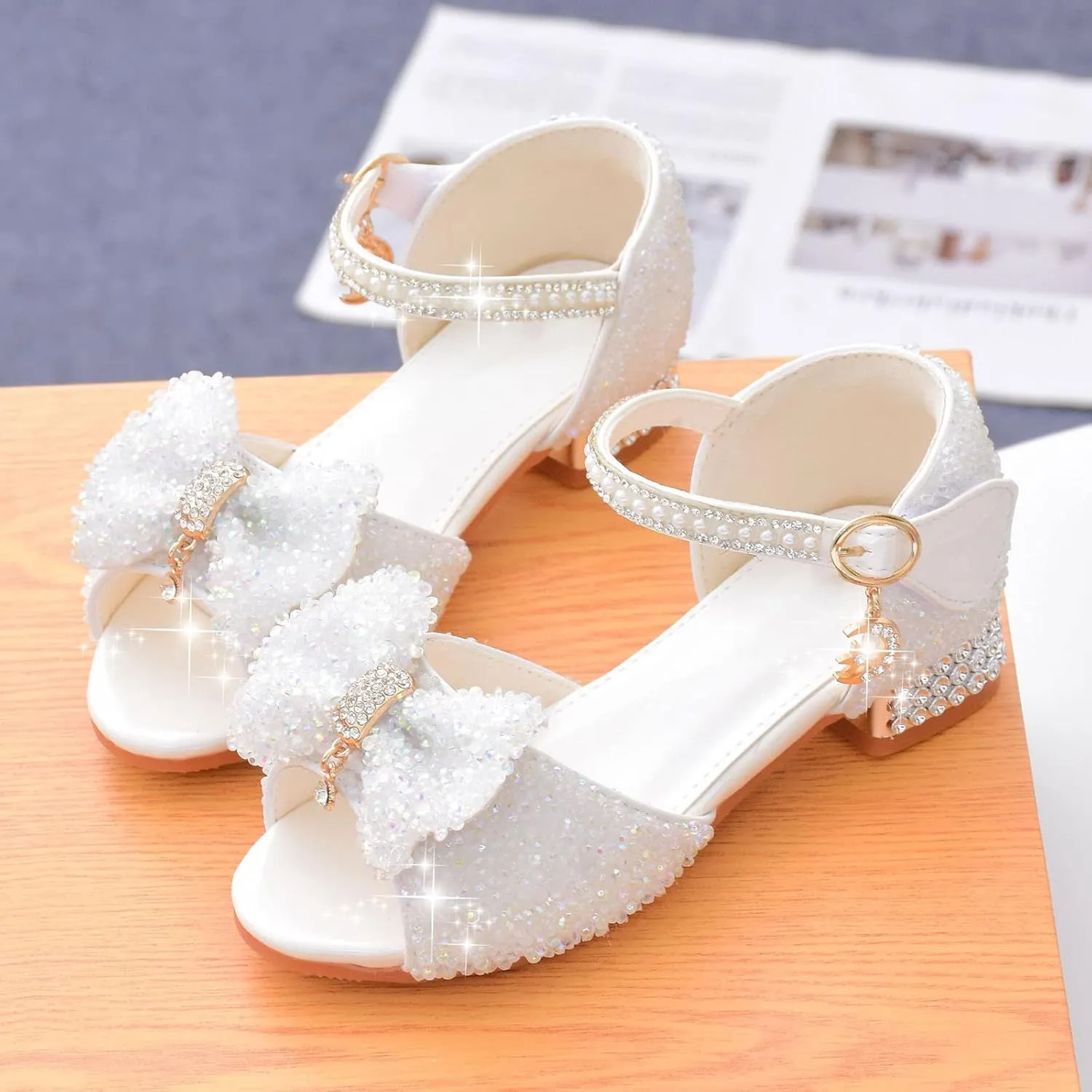 Girls Sandals Glitter Bow Dress Shoes Princess High Heels Sequins Party Wedding Flower Girls Shoes for Kids Toddlers
