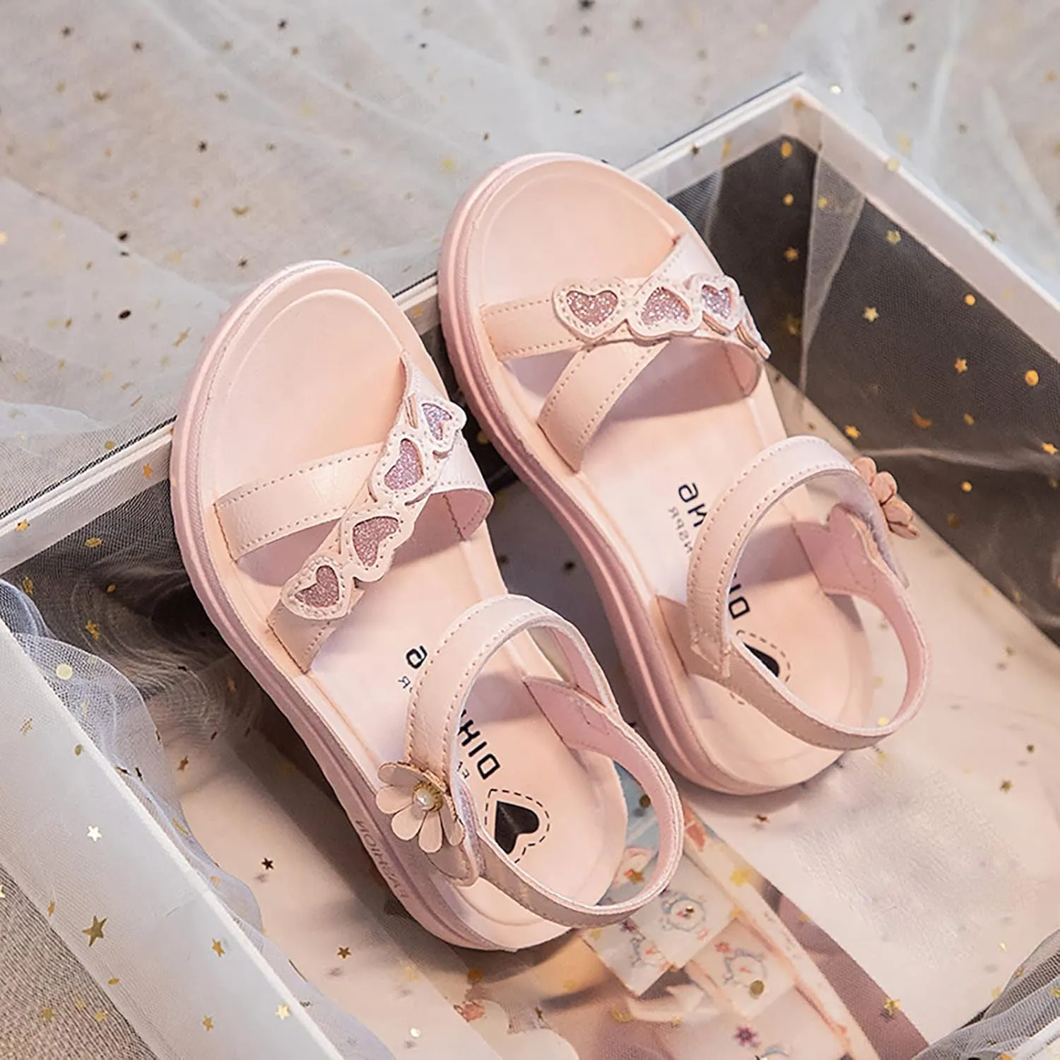 Girls Sandals with Heart Cute Dress Flats Shoes Fashion Party Wedding Soft Bottom Toddler Little Girl Sandals