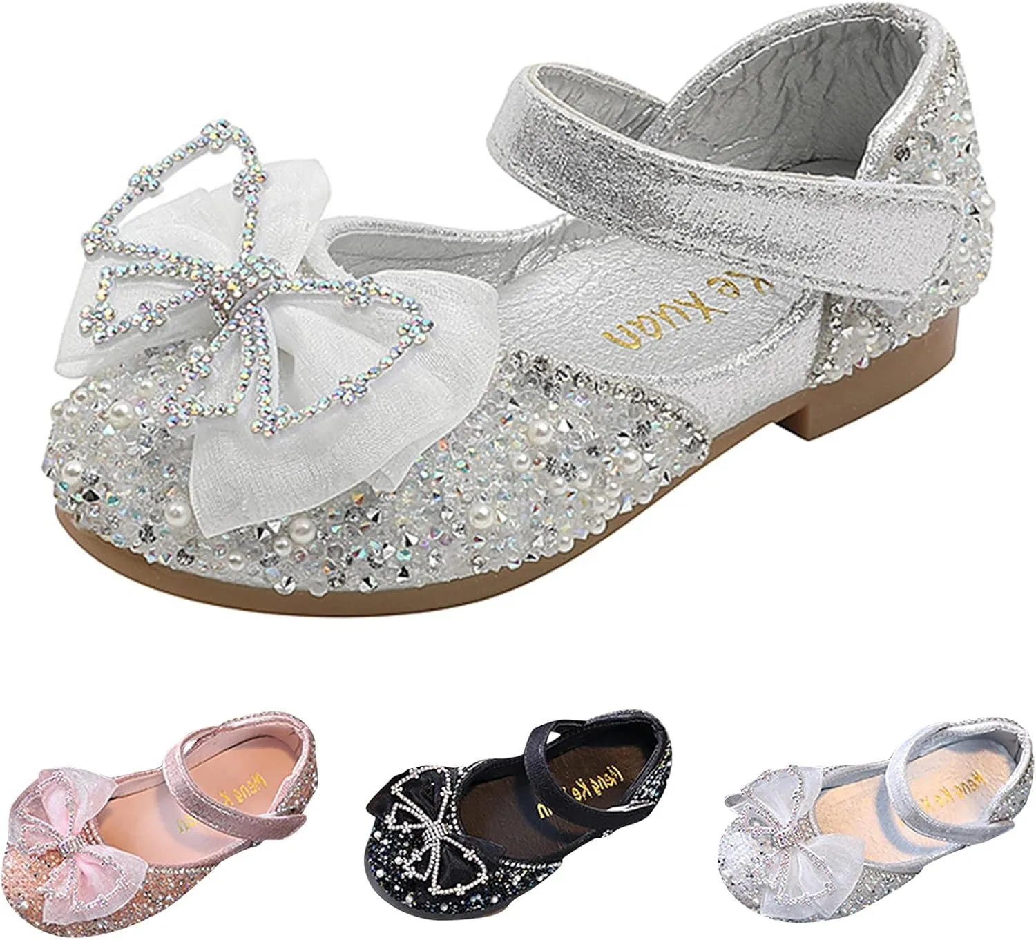 Girls Sparkly Bowknot Performance Sandals Leather Sequin Princess Dress Shoes Toddler Kids Buckle Strap Flats