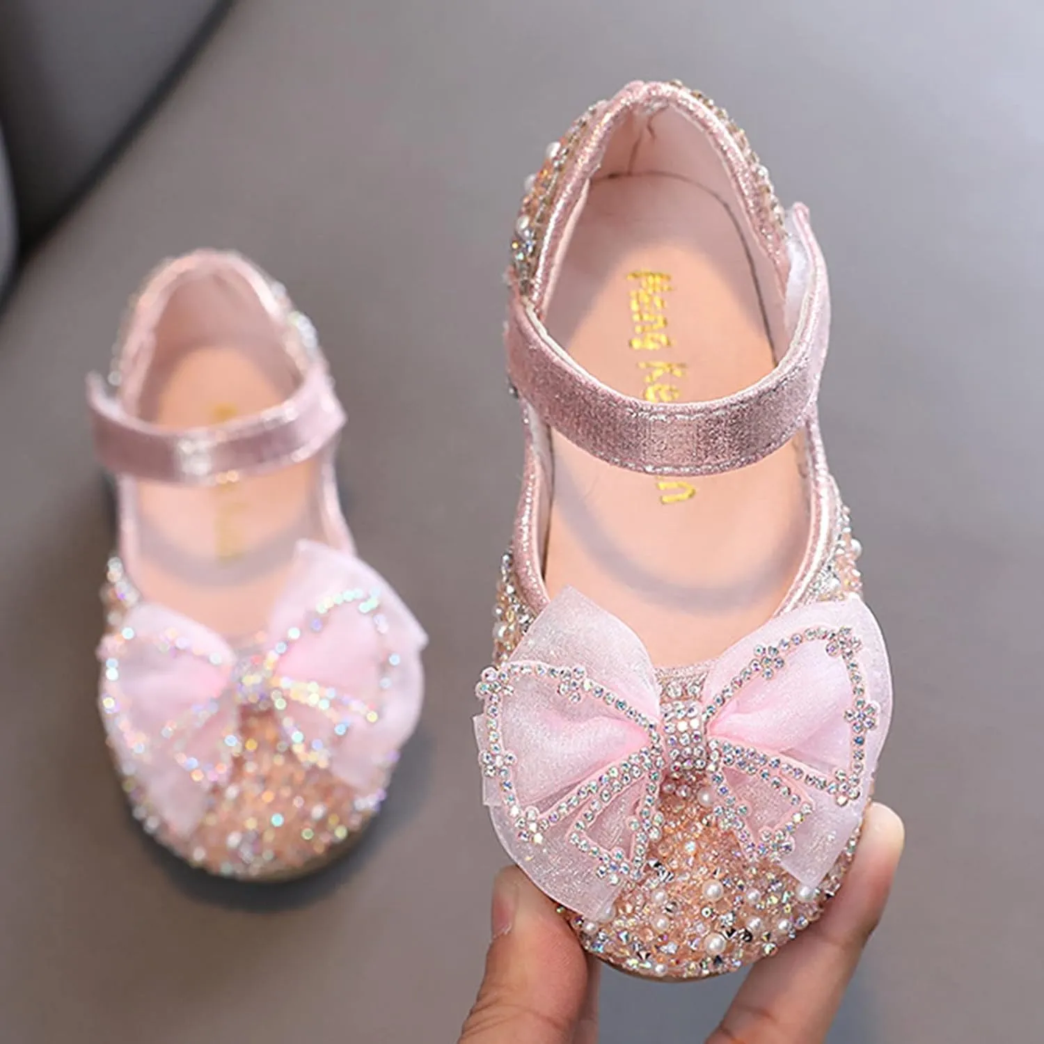 Girls Sparkly Bowknot Performance Sandals Leather Sequin Princess Dress Shoes Toddler Kids Buckle Strap Flats