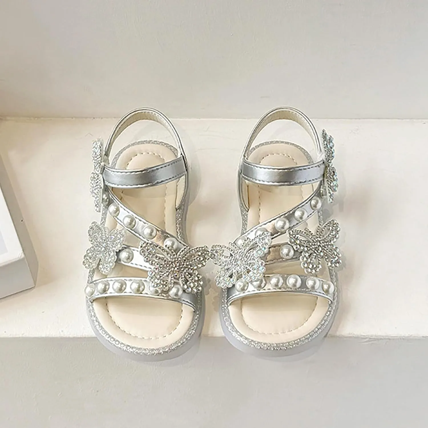 Girls T-Strap Beaded Flower Rhinestone Flats Sandals Cute Butterfly Dress Shoes Pearl Boot Slippers for Girls