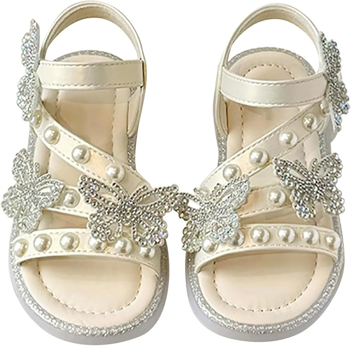 Girls T-Strap Beaded Flower Rhinestone Flats Sandals Cute Butterfly Dress Shoes Pearl Boot Slippers for Girls