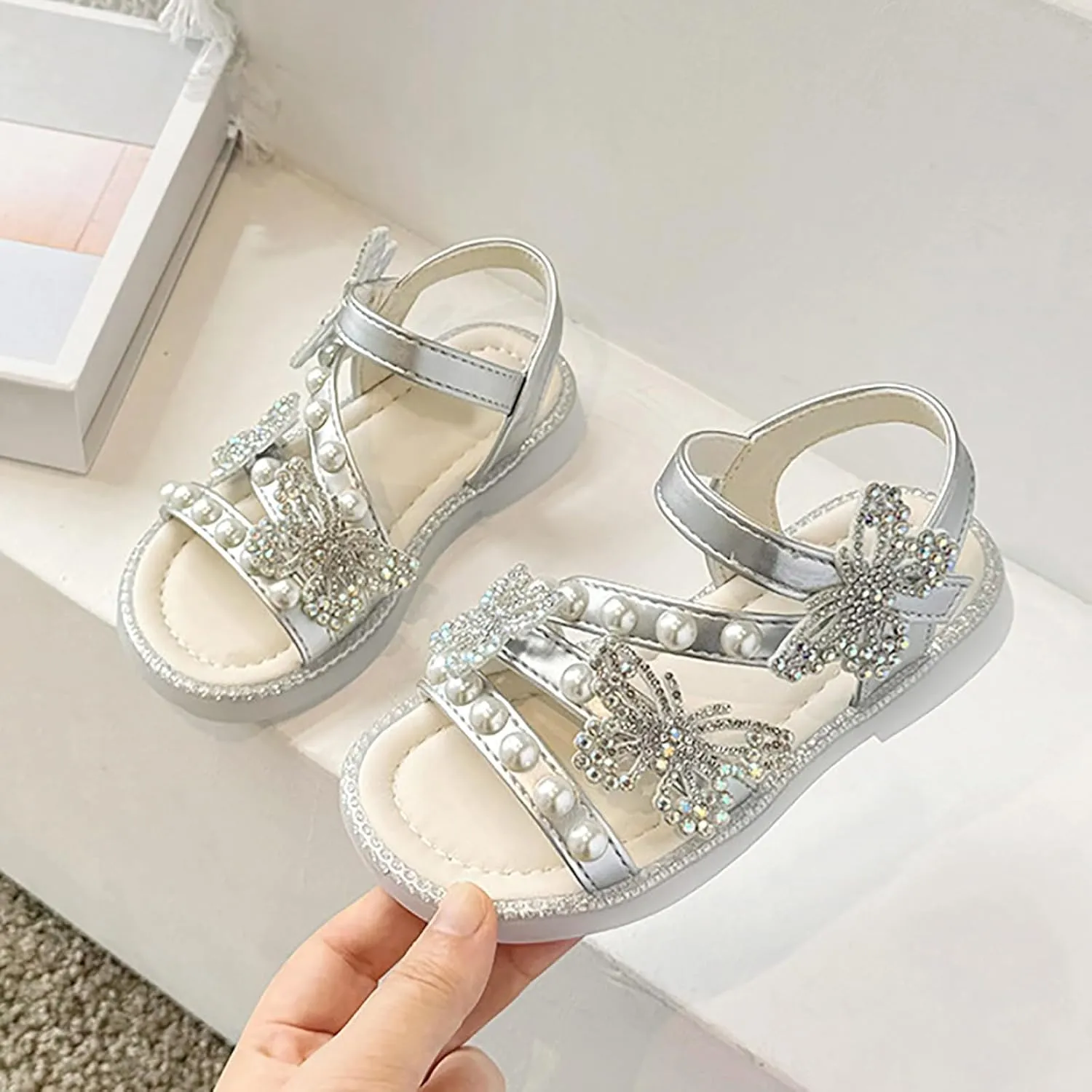 Girls T-Strap Beaded Flower Rhinestone Flats Sandals Cute Butterfly Dress Shoes Pearl Boot Slippers for Girls