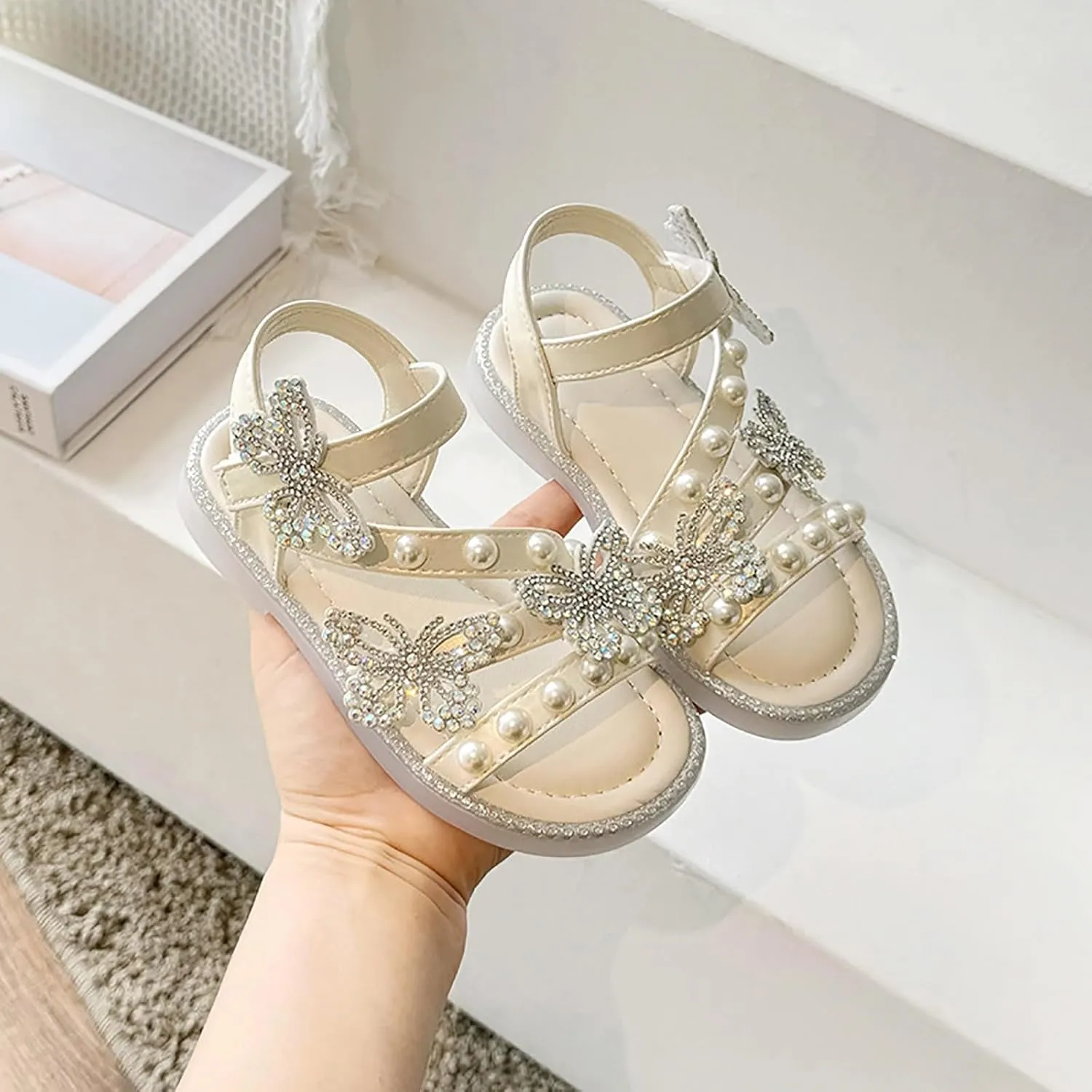 Girls T-Strap Beaded Flower Rhinestone Flats Sandals Cute Butterfly Dress Shoes Pearl Boot Slippers for Girls